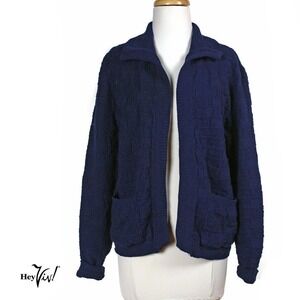 Vintage Deadstock Navy Blue Cardigan Sweater w Collar & Pockets Size L - Hey Viv